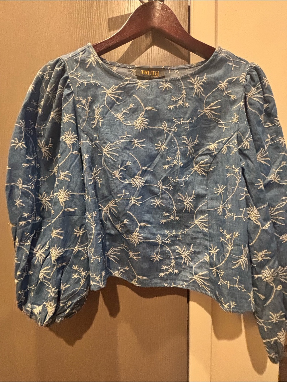 TRUTH Blue Puff-Sleeve Embroidered Blouse